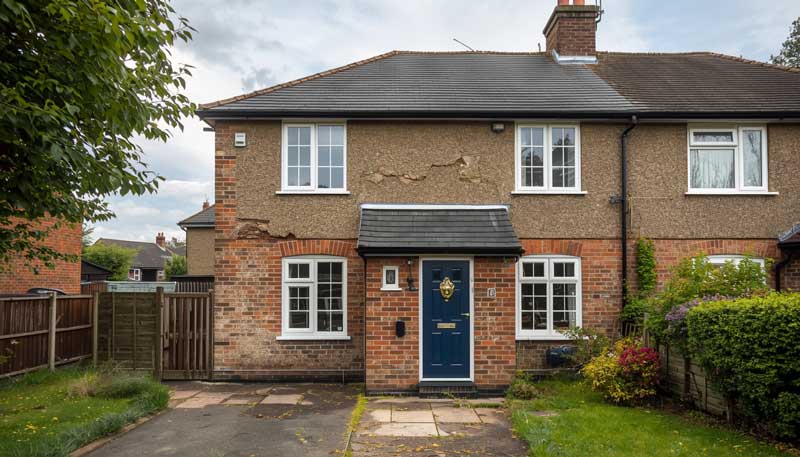 Cracks in exterior brickwork caused by subsidence in a UK house